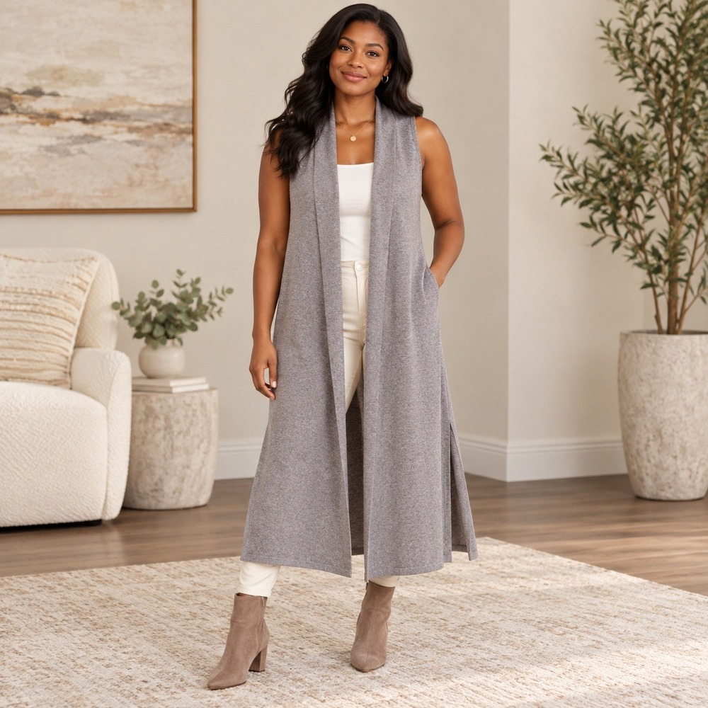 J.Crew Vest Womens XS Gray 100% Cashmere Long Open Front Side Slit Duster Sweate